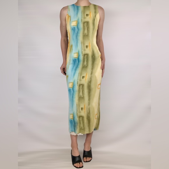 Vintage 90s Wallis Abstract Ombre High Neck Slit Midi Dress Yellow Size 12 - Picture 1 of 10